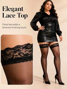 1 Pair Women's Lace Trim Ultra Thin Thigh High Stockings, High Stretch Over The Knee Socks For Daily Wear & Nightclub - Black - View 3
