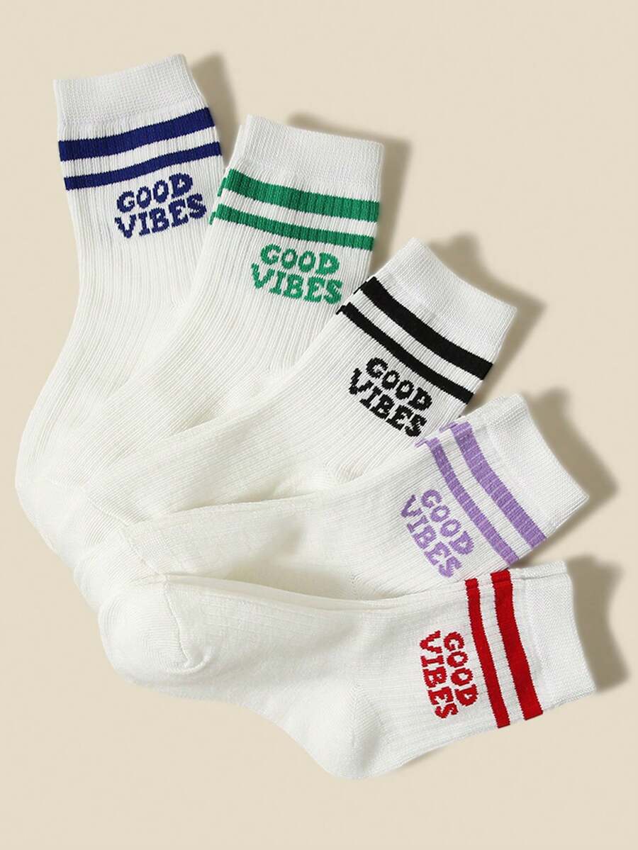 春夏季 5雙/組 兒童/男孩/女孩 白色雙條紋襪,字母 GOOD VIBES 裝飾時尚運動襪,百搭透氣吸汗舒適防臭中筒襪,個性休閒適合戶外運動/節日禮物/學校活動/開學穿搭 - 彩色 - 查看 1