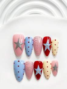 10Pcs Retro Style Handmade Press On Nail,Polygel Nail Set,Polka Dot And Star Designs,Blue,Red And Yellow Nail Polish,Vibrant Style,Includes Nail Tools,3 Sizes Available,Square,Short Square,Almond,Nails For Party,Dance,Daily Wear. - 彩色 - 查看 3