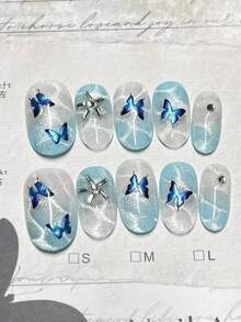 1package/10pcs-Crystalcore Ice Nails | Ultra-Clear Glacier Blue Butterflies Holographic & Rhinestone Accents | Viral Summer Aesthetic Handmade Press On Nails - Blue - View 9