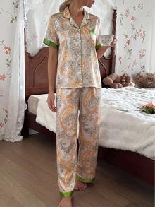 Setelan Piyama Wanita Kasual Motif Paisley & Bunga, Bahan Sutra Imitasi, Atasan Lengan Pendek Terbuka Depan + Celana Panjang, Pakaian Tidur Musim Gugur/Dingin, Hadiah Liburan Ideal - Aprikot - View 3