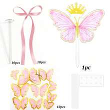 1 Stück/10 Stück/21 Stück/Set Rosa Schleife Happy Birthday Kuchenaufsatz Krone Schmetterling Cupcake Aufsatz Geburtstagskuchen Dekoration - Mehrfarbig - Übersicht 7