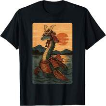 Anime Samurai Sea Serpent Loch Ness Retro Ukiyo-E Japanese T-Shirt - Black - View 1