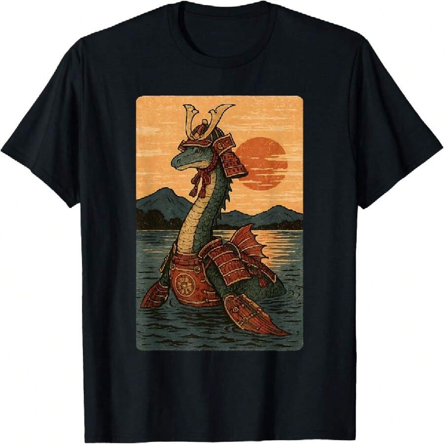 Anime Samurai Sea Serpent Loch Ness Retro Ukiyo-E Japanese T-Shirt - Black - View 1