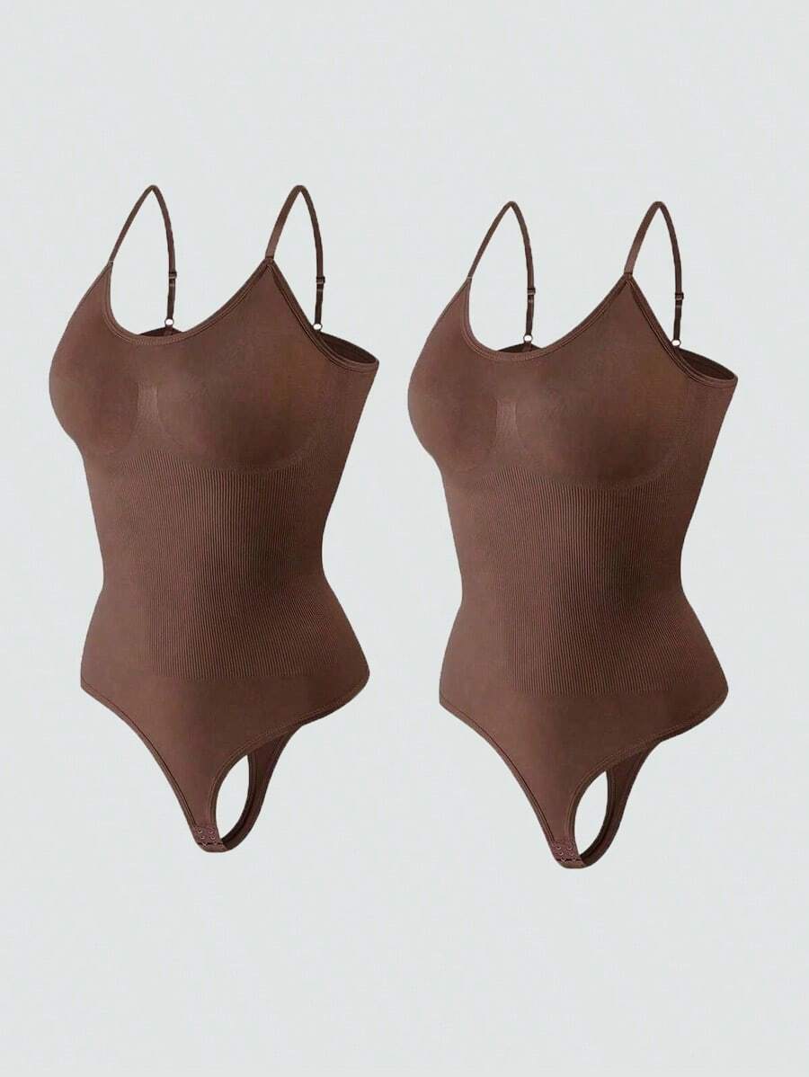 2Pcs High Waist Tummy Control Thong Bodysuit Figure - 咖啡棕 - 查看 1