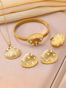 Macaron Enamel 4PCS Jewelry Set, Titanium Steel Gold Plated, Hypoallergenic Necklace Bracelet Earrings Ring, Perfect Gift For Women - Seashell Four-piece Set - View 6