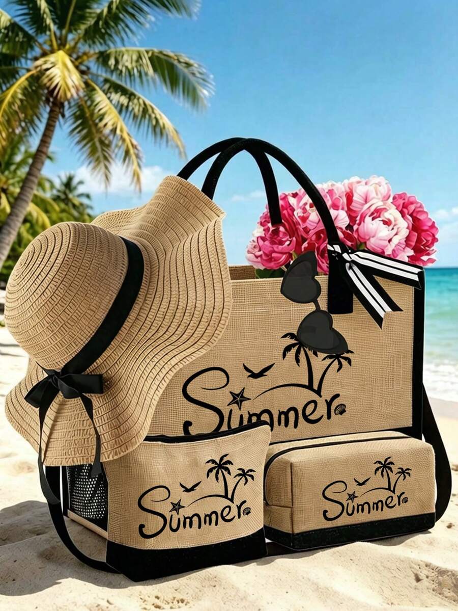 海灘夏季主題托特包套組，印有藝術字母「Summer」海星椰子樹貝殼卡通圖案，大容量手提包搭配兩款化妝包，適合婚禮、度假與假期，適用日常使用，送給女性、媽媽、老師、朋友、伴娘、學生的好禮，開學季大包，度假週末短途旅行手提包，附圍巾，朋友個性化生日禮物，教師節禮物