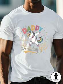 Camiseta gráfica para hombre "Papá de la Celebrante del Cumpleaños", con estampado de unicornio que hace "dabbing", de manga corta, corte regular, estilo casual, atuendo perfecto para la fiesta de cumpleaños del papá, ideal para eventos familiares. - Blanco - Ver 1