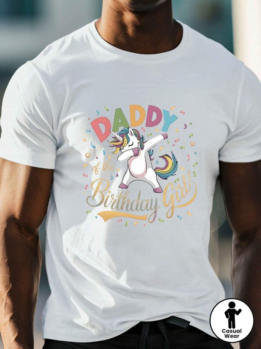 Camiseta gráfica para hombre "Papá de la Celebrante del Cumpleaños", con estampado de unicornio que hace "dabbing", de manga corta, corte regular, estilo casual, atuendo perfecto para la fiesta de cumpleaños del papá, ideal para eventos familiares. - Blanco - Ver 1