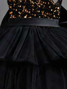 KAFEIBEI Young Girl Princess Dress, Luxurious Bow V-Neck Sequin Mesh Fluffy Long Skirt, Wedding Princess Party Dress, Suitable For Graduation Prom And Formal Occasions - Black - View 8