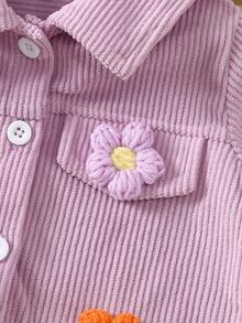 Baby Girl Light Purple Collared Long Sleeve Jacket, Colorful 3D Flower Decoration, Vertical Stripe Texture, Single-Breasted With Flap Chest Pocket Design, Sweet Casual Style - Purple - View 5