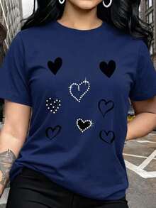 Navy Blue Pure Cotton Blouse, Round Neck, Short Sleeve, Summer Top With Sparkling Heart Design, Lightweight, Soft, Breathable, Casual Style, Ideal For Women - 海軍藍 - 查看 1