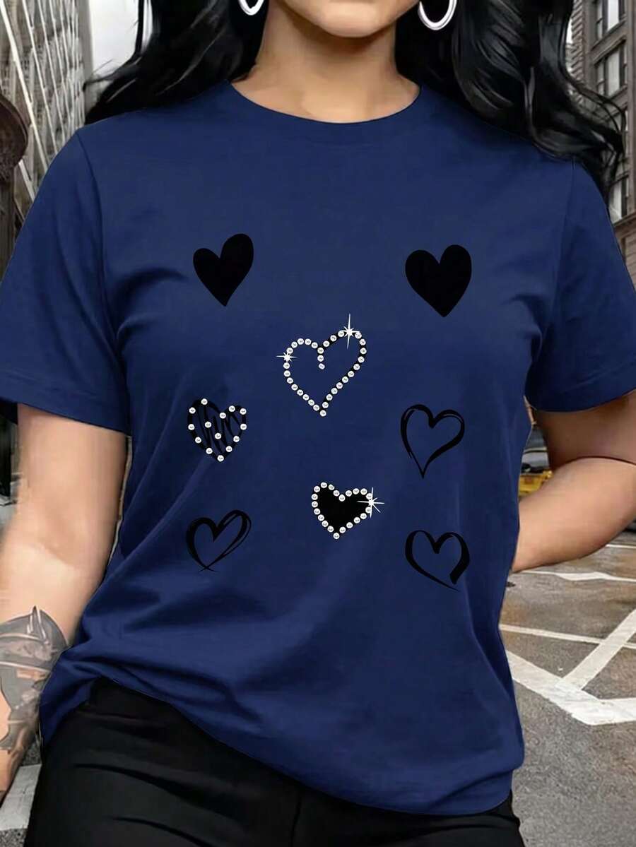 Navy Blue Pure Cotton Blouse, Round Neck, Short Sleeve, Summer Top With Sparkling Heart Design, Lightweight, Soft, Breathable, Casual Style, Ideal For Women - 海軍藍 - 查看 1