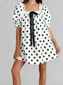 Women Puff Sleeve Nightdress White Black Dotted Print Geometric Neck Sleepwear With Long Ribbon Bow Short Sleeve Pajama Dress - 白色 - 查看 1