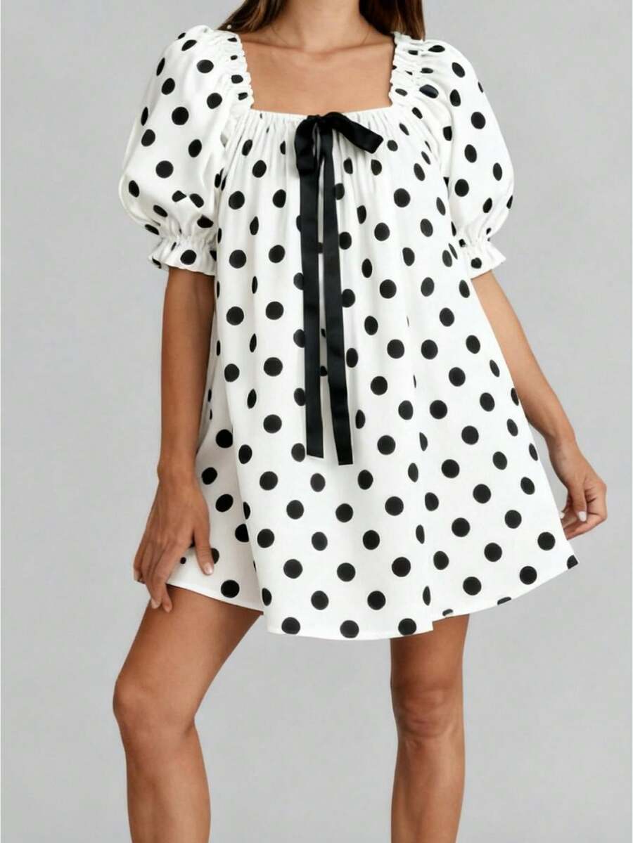 Women Puff Sleeve Nightdress White Black Dotted Print Geometric Neck Sleepwear With Long Ribbon Bow Short Sleeve Pajama Dress - 白色 - 查看 1