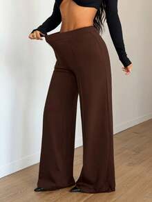 Women's Stretchy Thin Casual Pants, Versatile For Daily Wear, Commuting, Office, And Leisure Sports, Elastic Waist, Pockets, Wide Leg, Flattering Leg Shape, Suitable For Spring/Summer - Brown - View 5