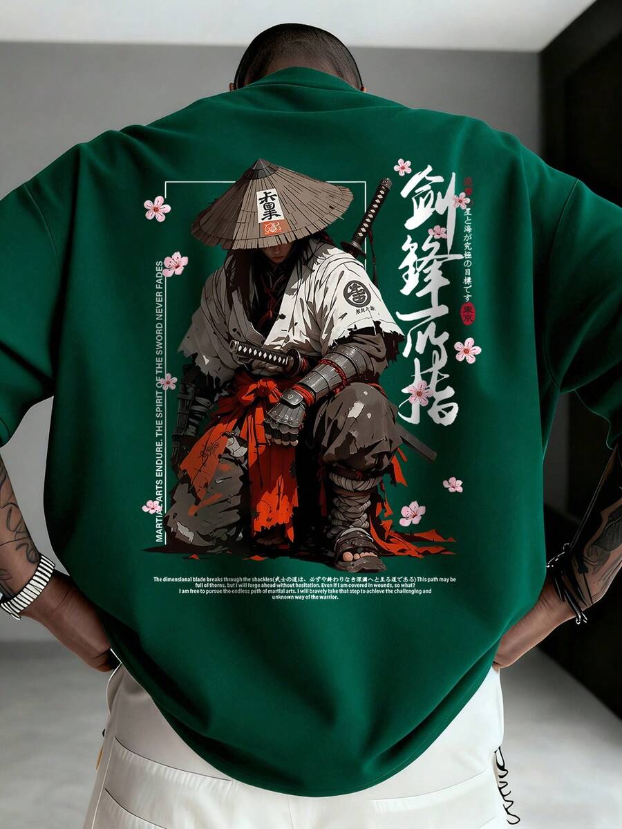 男士時尚日系熱血賽博插畫印花黑色圓領短袖T恤