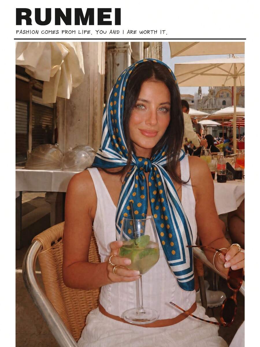 1pc Women's Elegant Polka Dot Satin Bandana, French Lady Silk Scarf, Lightweight & Breathable, Suitable For Various Occasions - Teal Blue - View 1