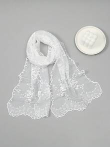 1 pieza Fajín de cintura elegante para mujer con bordado floral de cuentas, ligero con ribete de encaje transparente ondulado, bufanda bordada vintage, chal de lujo estilo bohemio, decoración de cintura elegante para mujer, capa de vacaciones, fiesta de vacaciones, uso diario, también se puede usar como decoración de bolso - Blanco - VE169 - Ver 12