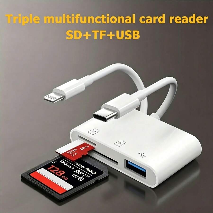 2-In-3 Memory Card Adapter Reader With Lightning And USB-C Interface, Compatible With SD/TF/USB Cards, Fast Data Transfer, Compatible With IPhone 17/16/15/14/13/12, S26/S25/S24/S23/S22/S21/S20 Ultra Plus, Camera Series - View 1