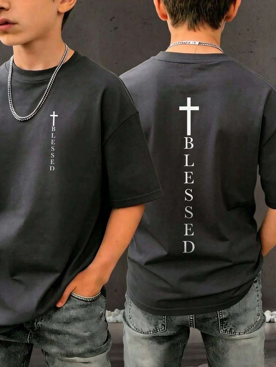 Teen Boy Casual Fun Graphic Print Crew Neck Short Sleeve T-Shirt Summer Top - Dark Grey - View 1