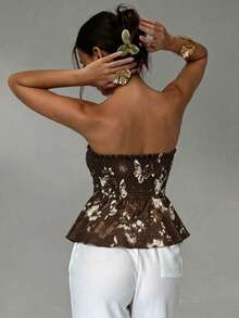 Floral Print Colorblock Woven Fabric Strapless Top Casual Summer - Multicolor - View 3