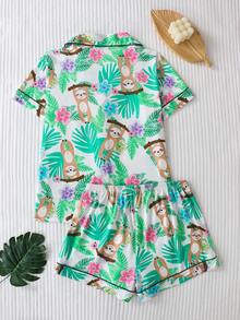 2pcs/Set Sloth Tropical Floral Print Women's Pajamas, Premium Satin Fabric, Smooth And Comfortable, Loose Lightweight Button Short Sleeve Top And Shorts, Plus Size Casual Home Wear Women's Pajama Set - Mint Green - View 2
