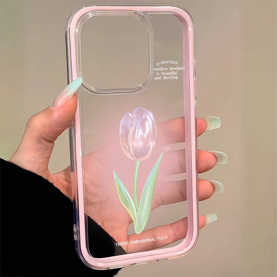 1個粉色邊框透明極簡鏡頭保護防摔防撞3D漸層粉色鬱金香圖案手機殼 個性化適用於 16 Pro Max 17/16/15/14 Plus/13/12/11 Air及系列 - 彩色 - 查看 1