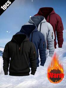 Men's Black Fleece Lined Half-Zip Hooded Sweatshirt, Multi-Pocket Casual Outdoor Sports Top - Black - View 2