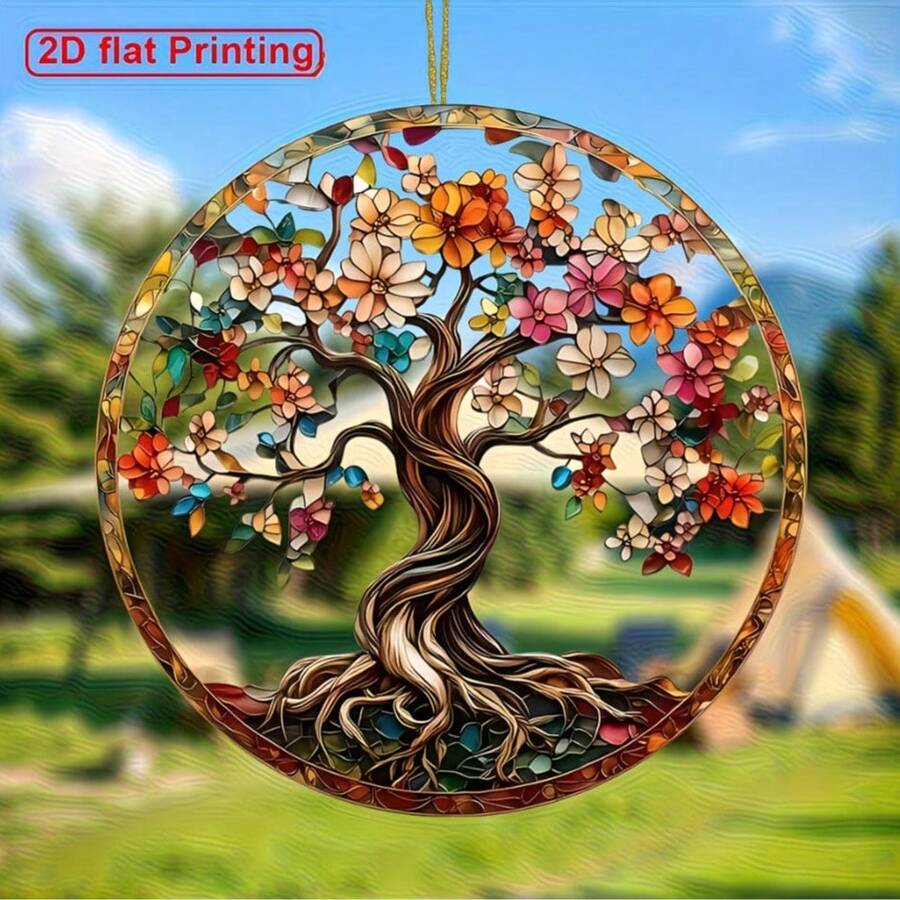 1pc Life Tree Pattern Acrylic Suncatcher, Double-Sided Acrylic Round Window Decor, Suitable For Home, Window, Indoor/Outdoor Garden Decoration - A - View 1