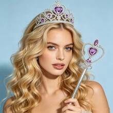 2pcs Heart Crown Magic Wand Set, Purple Fairy Wand And Heart Crown, Princess Party Dress Up Accessories, Cosplay Costume, Birthday Gift,Halloween - Purple - View 2