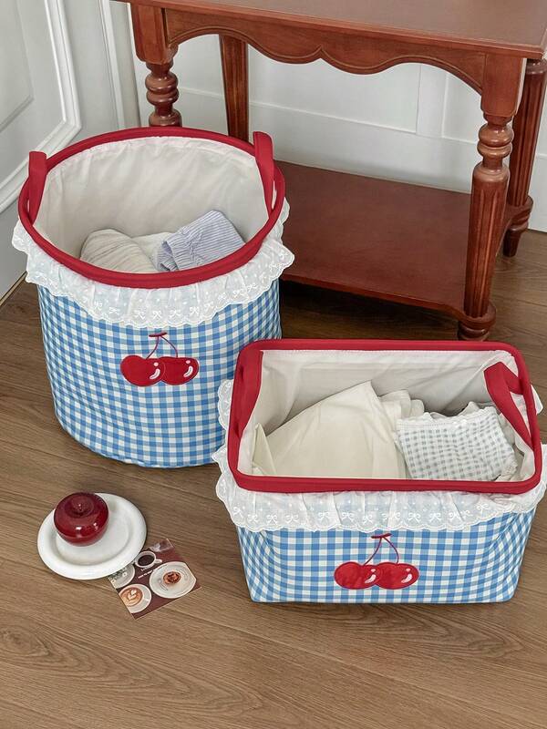 Blue And White Plaid Cherry Embroidered Storage Basket With Lace Trim, Handheld Laundry And Miscellaneous Organizer Bin