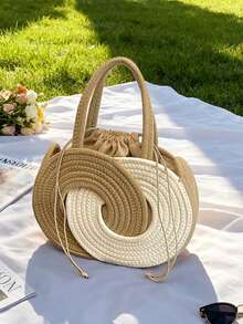 Fashionable Woven Shoulder Bag For Spring 2026, Suitable For Daily Use, Casual Outings, Travel, And Vacations - 米色 - 查看 3