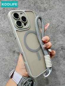 KOOLIFE 1pc Light Khaki Magnetic Phone Case With Wrist Strap, Matte Finish & Textured Camera Ring, PC+TPU Shockproof Protective Shell, Supports Magnetic Wireless Charging, Casual Style Back Cover, Compatible With Apple 17/17pro/17promax/17Air/16/15/14/13/12/11 - Grey - View 2