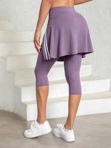 Women's Fashion Side Stripe Split Skirt Leggings, All Season Wear, Women's Tennis Skirt Leggings With Pockets, 7/8 Length Yoga Leggings With Skirt Hem, Suitable For Sports And Casual Wear - Mauve Purple - View 6