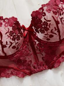 Women's Burgundy Floral Embroidered 2-Piece Lingerie Set, Sheer Bra And Thong, Romantic Date Night Sleepwear - Burgundy - View 7