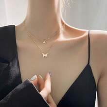 1PC Gold/Silver Color Optional Double Layer Fine Chain Butterfly Collarbone Necklace, Water-Resistant Non-Fading Neck Chain, Suitable For Tropical Vacation, Island Travel, Soft Style Outfits, Date Looks, Christmas Eve / Friendship Gift / Birthday Gift, Unisex Versatile Jewelry - Multicolor - View 3