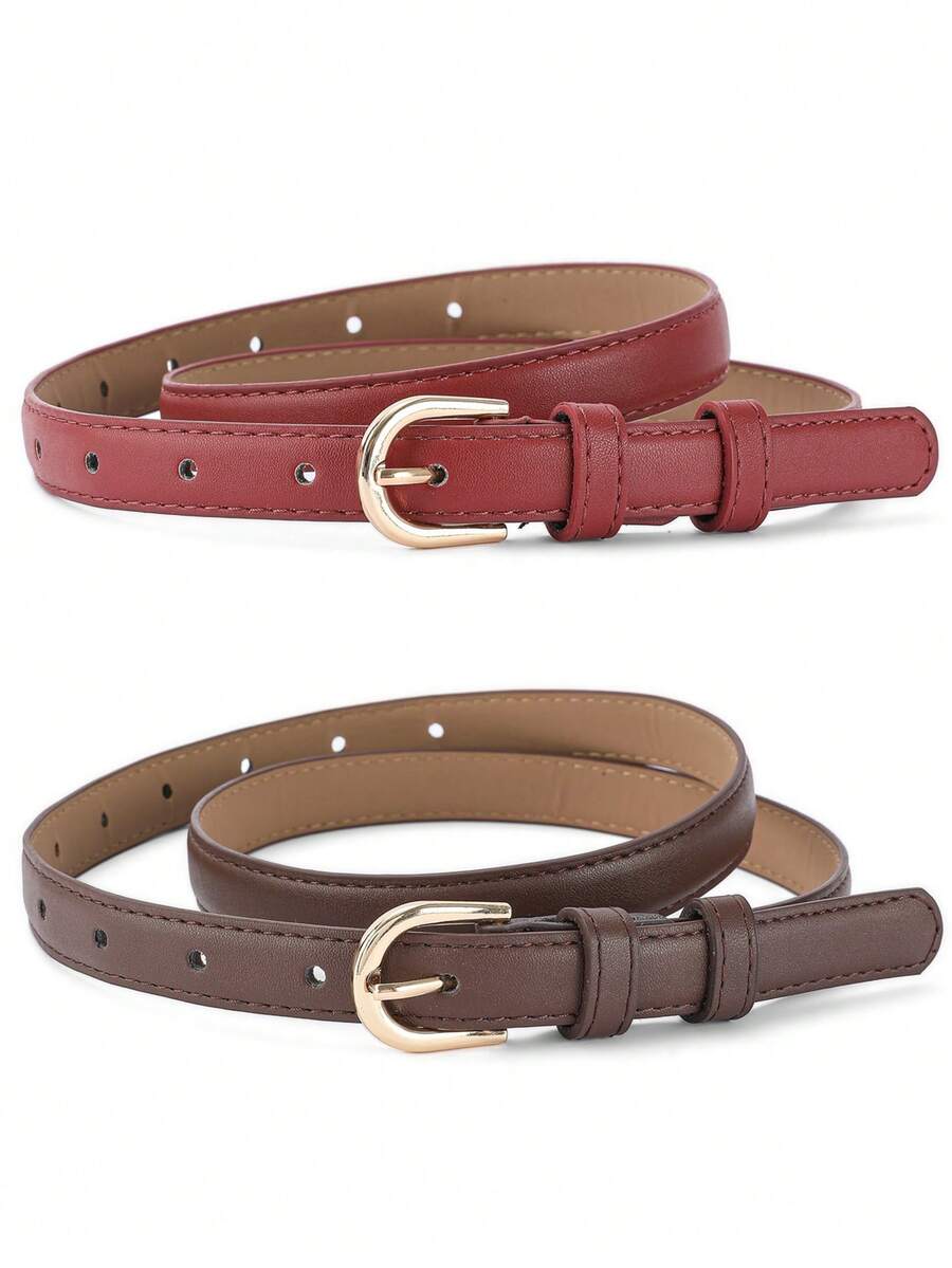 2pcs/Set Buckle Belt, Fashionable Versatile Minimalist Korean Style - Burgundy + Coffee Brown - View 1