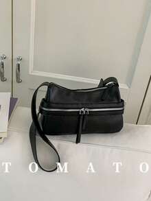 1 pieza Bolso bandolera de moda para mujer, tela de cuero PU de unicolor, bolso de hombro con forma de media luna para mujer, decoración con cremallera, correa de hombro ajustable, adecuado para viajes, fiestas, desplazamientos y otras ocasiones. Regalo para mujer, compras, trabajo, citas, oficina - Negro - Ver 2