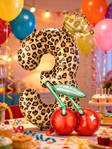 Juego de 3 globos de número con estampado de leopardo de 40 pulgadas, globos de lámina con corona de cereza, globos grandes con forma de número 0-9, adecuados para decoración de fiesta de cumpleaños y baby shower - Multicolor - Ver 4
