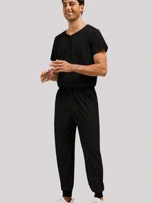 Scrubs Set For Men Nurse Uniform Jogger Suit Stretch Top & Pants With Multi Pocket Zipper V-Neck Design Short Sleeve Doctor Nurse Clothing Workwear - Black - View 3