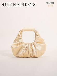 SCULPTEDSTYLE BAGS 1件裝高級香檳色緞面珍珠裝飾雲朵包 時尚百褶包 夏季休閒度假風女款手提包 (珍珠隨機排列) - 香檳色 - 查看 9