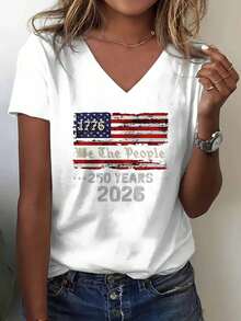 2026 V-Neck T-Shirt, White, With The American Flag, "We The People", 1776, 250 Years Of Independence, Independence Day Celebration, Casual Wear. - 白色 - 查看 1
