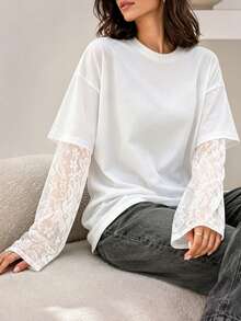 1件女款春夏秋白色休閒日常購物派對舒適時尚寬鬆慵懶通勤返校季公園音樂節蕾絲拼接長袖基本款T恤 - 白色 - 查看 4