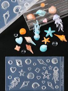 3D Ocean Themed Nail Art Silicone Mold, Marine Life Mold With Jellyfish, Seashell, Starfish, Conch, Heart & Bubble Shapes, Nail Mold Templates For DIY Resin Nail Decorations, Summer Beach Manicure Tool - Clear - View 1