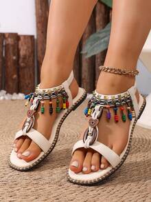 Women's White Bohemian Style Colorful Beaded Thong Sandals With Back Strap, Flat Vacation Beach Shoes - White - View 3