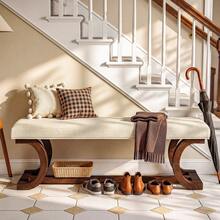 LITTLE TREE 48 Inch Upholstered Bench, Solid Wood Entryway Bench With Soft Cushion, Mid-Century End Of Bed Bench With Curved Leg For Bedroom Entryway - White & Brown - View 3