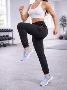 Women's Black High Elasticity Running Pants, Long Woven Fabric Sports Trousers With Drawstring And Side Zipper Pockets - Black - View 6