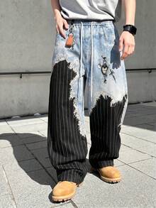 Fractyr Men's Frayed Denim Striped Patchwork Wide Leg Pants, Elastic Waist Gothic Pendant Print Casual Street Style Long Pants - Black - View 3