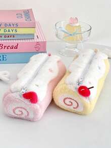 1pc Cute Swiss Roll Plush Pencil Case, Large Capacity, High Quality Student Stationery Storage Bag, Back To School Essential, Cut, First Day Of School - Multicolor - View 3